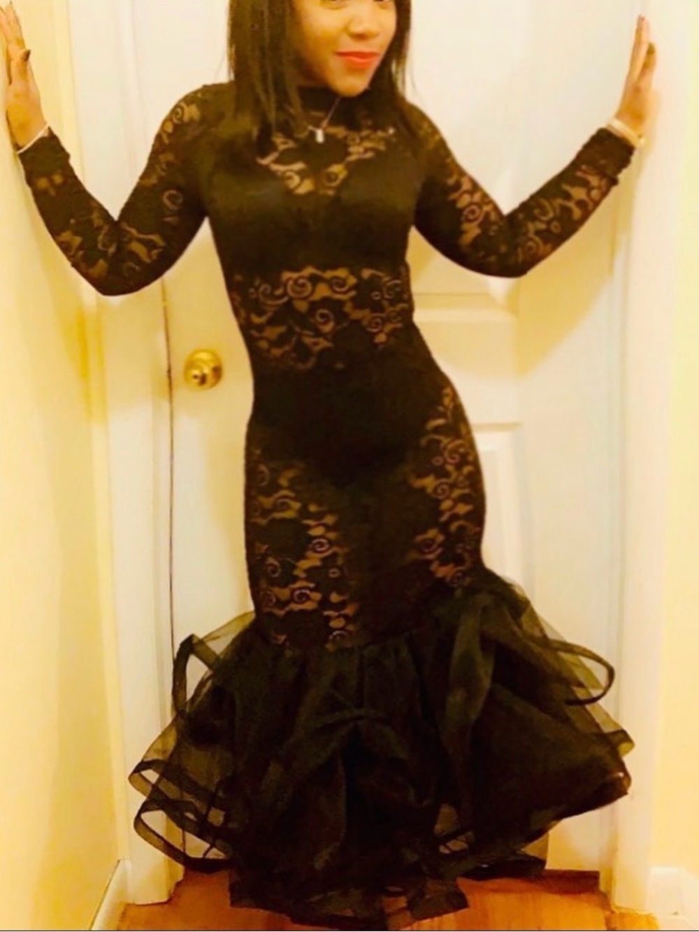 Fashion Nova Black Lace Mermaid Gown with Ruffled Hem
